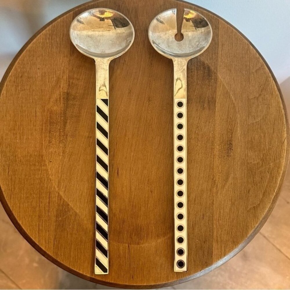 SOLD Kate Spade x Lenox Large Salad Bowl and Serving Utensils Silver Black White - Picture 11 of 16